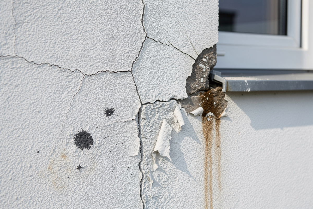 Méthode de diagnostic facade visuel sur un mur extérieur avec fissures, taches et zones humides.
