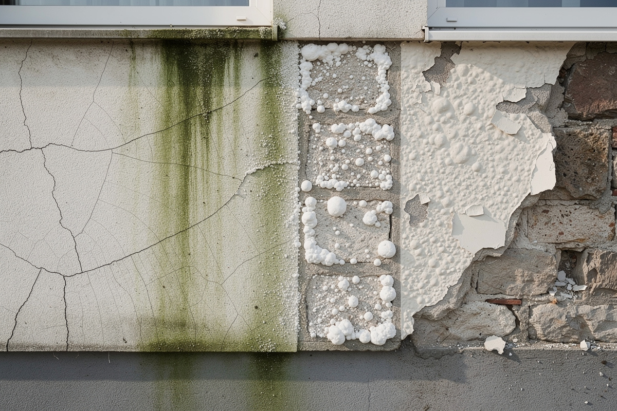 Pathologies de facade visibles sur un mur : fissures, salissures, efflorescence et enduit décollé.