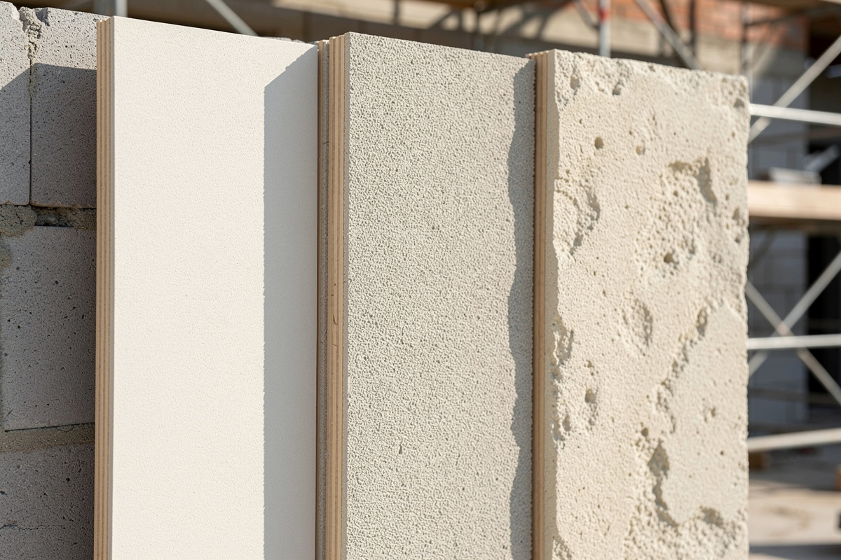 Comparatif visuel de trois types d’enduit facade sur panneaux d’essai
