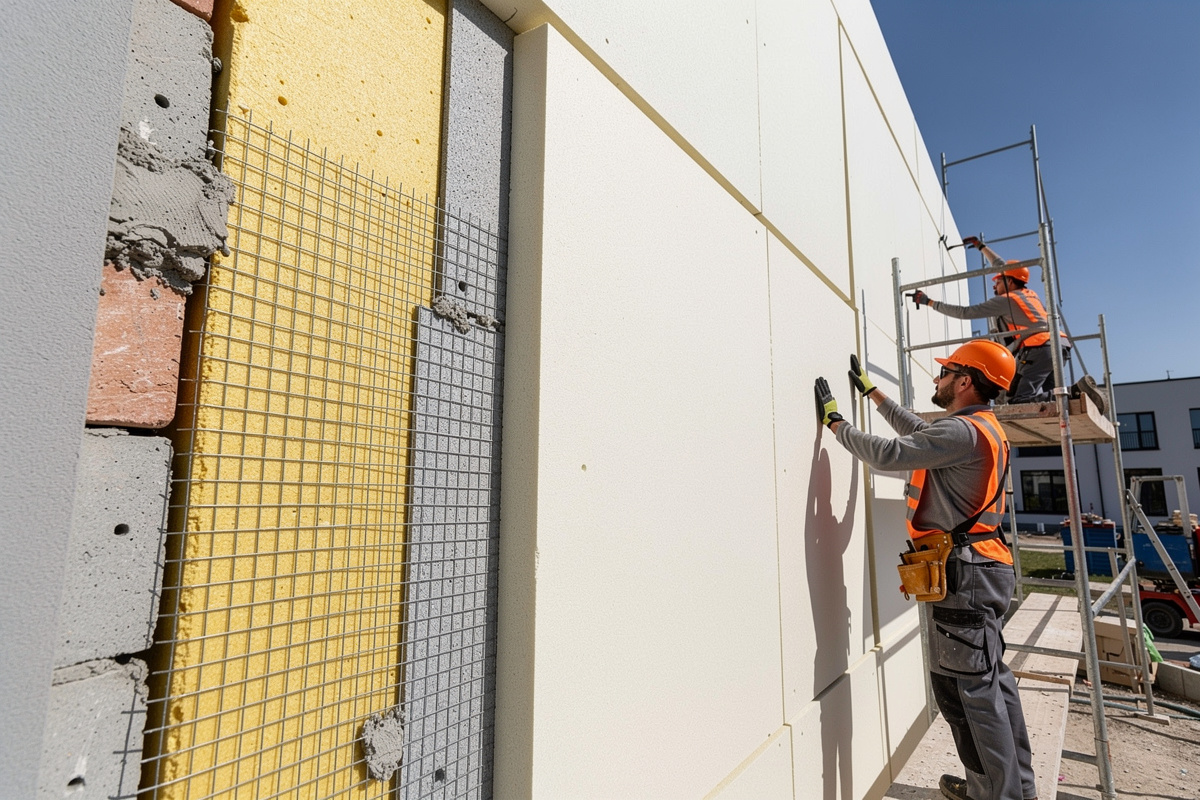 Pose d’un système ITE avec enduit facade et couches techniques sur façade