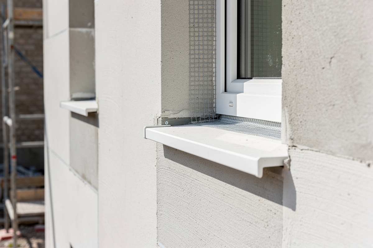 Détails d’enduit facade sur angles, tableaux de fenêtres, linteaux et appuis de fenêtre