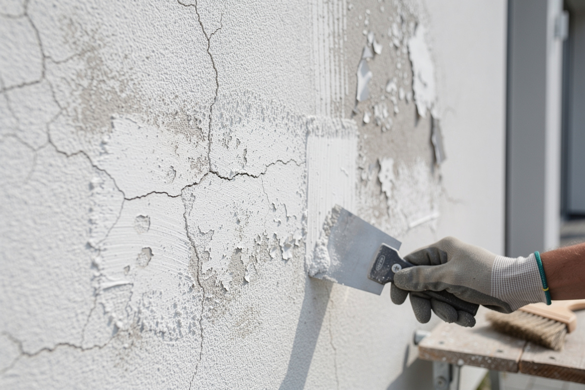 Diagnostic du support avant enduit facade avec tests de grattage sur mur abîmé