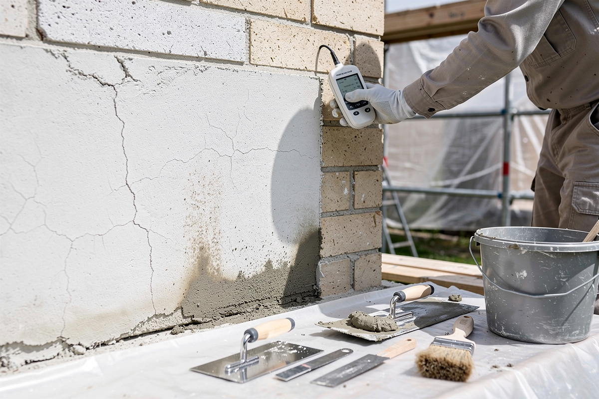 Support humide contrôlé avant pose d'enduit facade sur façade en rénovation