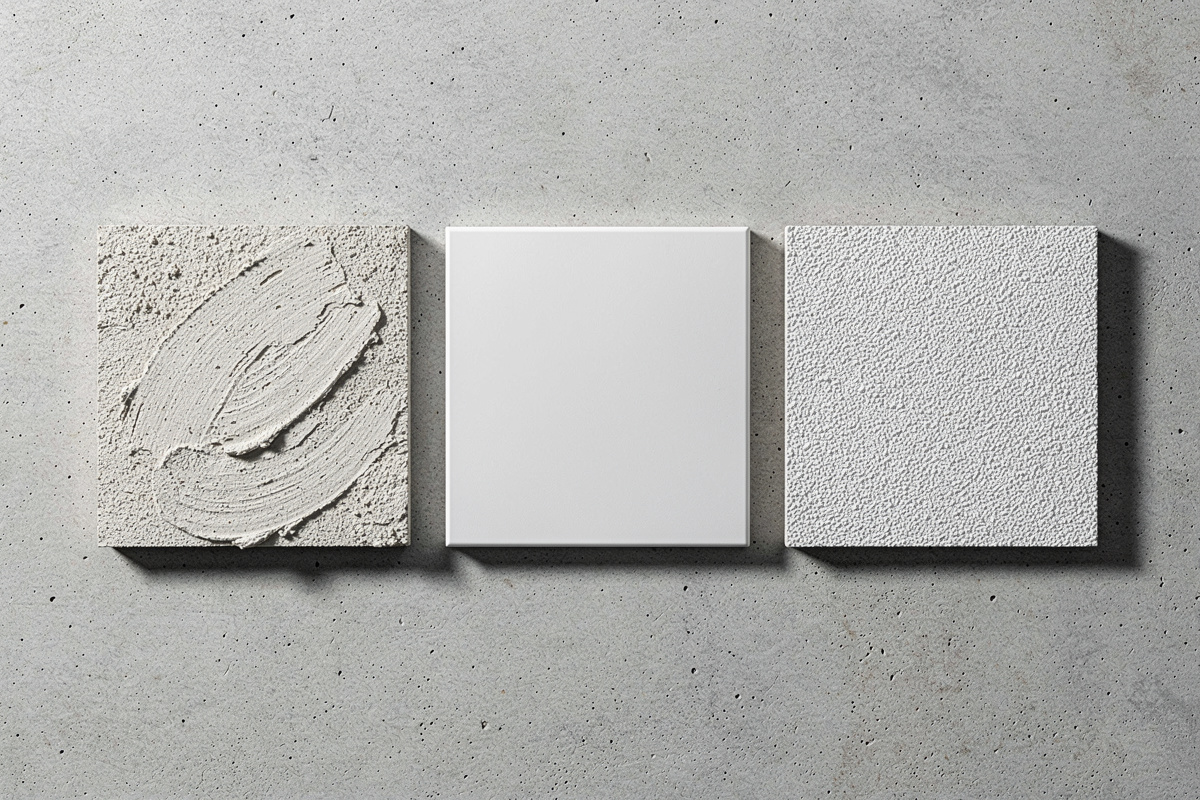 Comparaison de trois types d'enduit façade : minéral, synthétique et silicone, posés côte à côte