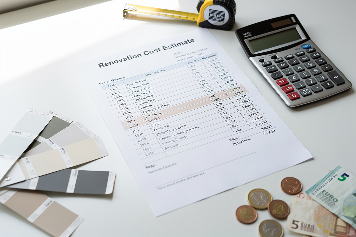 Devis de ravalement de façade avec calculatrice et échantillons de peinture pour estimer le prix au m²