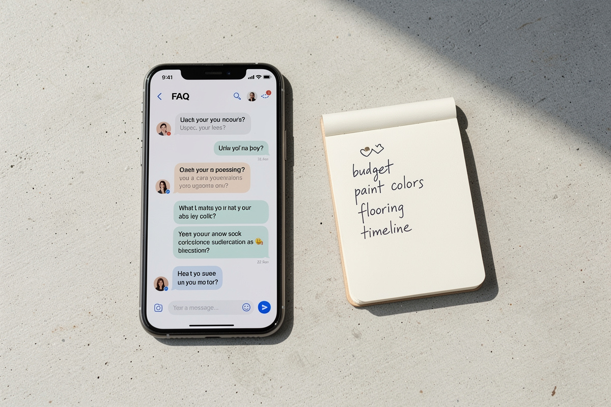Interface FAQ sur smartphone pour répondre aux questions fréquentes sur le ravalement de façade et les aides financières