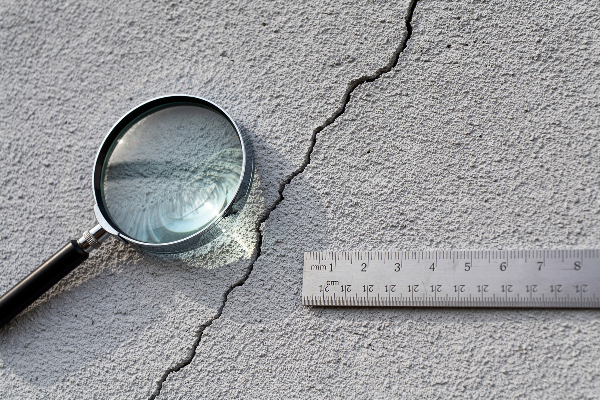 Diagnostic visuel d'une fissure fine sur façade enduit avant réparation, avec outil de mesure
