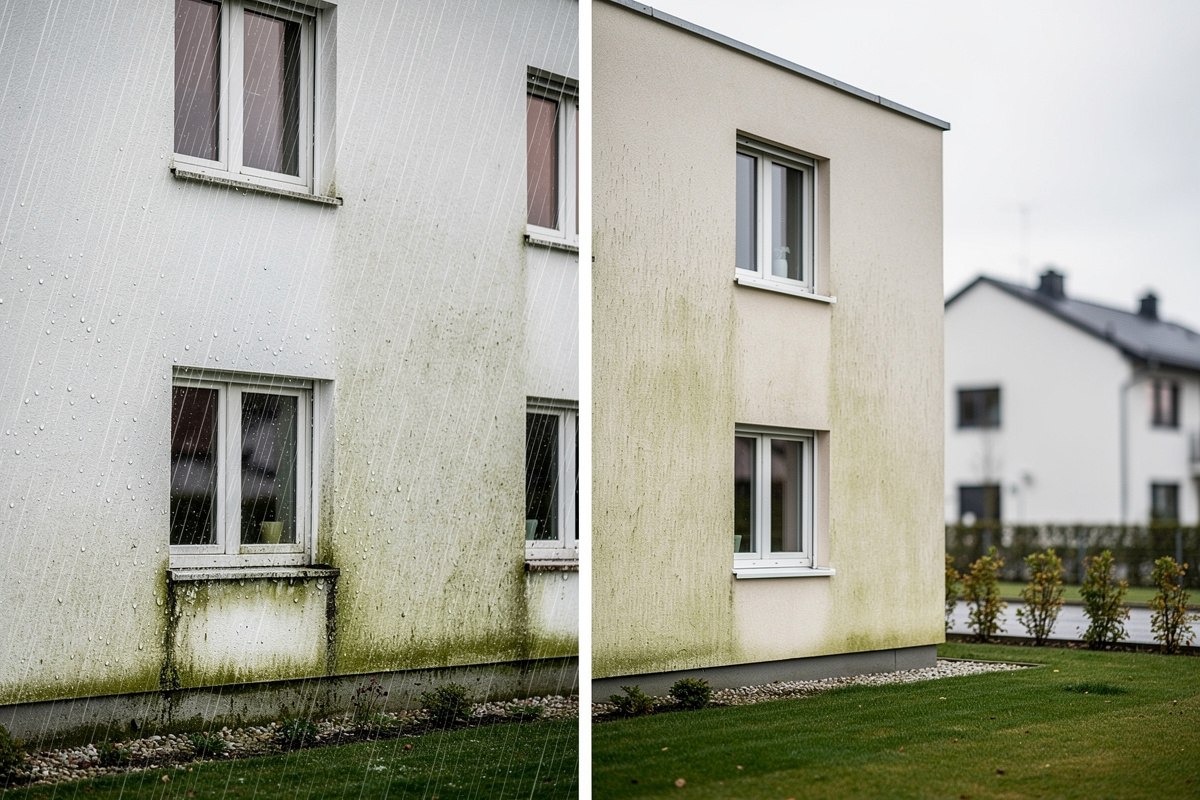 Façade exposée à la pluie et à l’humidité, avec traces de mousse avant hydrofuge facade