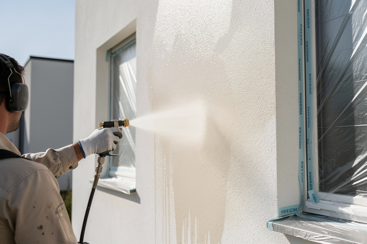 Application soignée d’un hydrofuge facade sur un mur propre et réparé