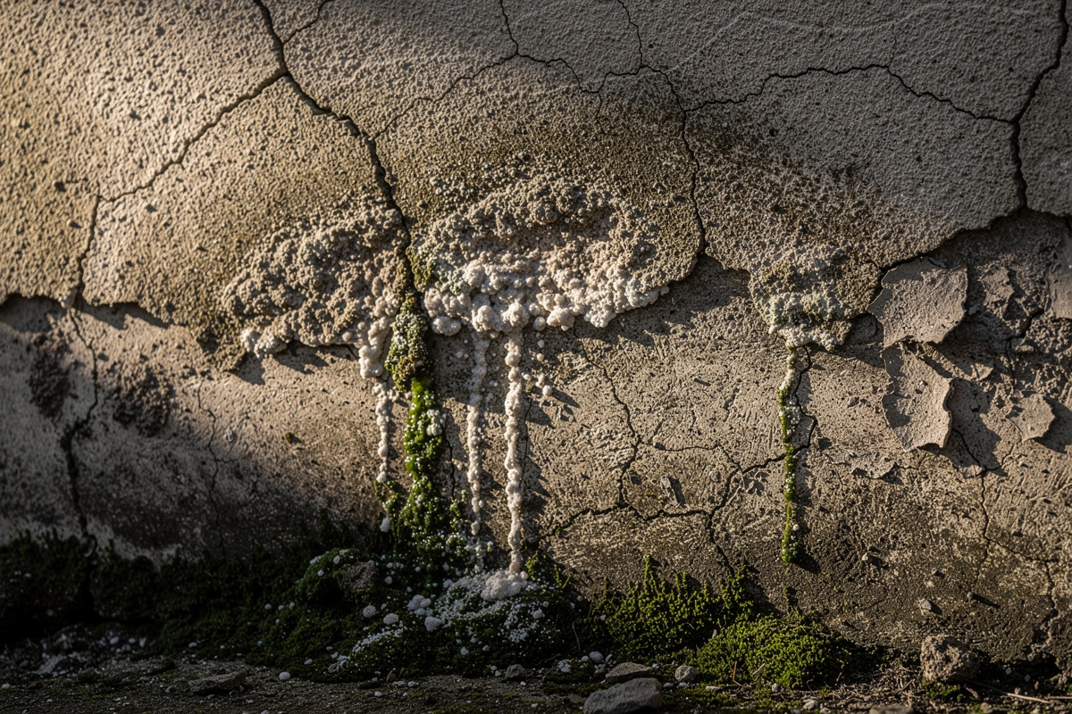 Façade humide présentant des taches sombres, des auréoles et des dépôts de salpêtre, signes d'infiltration d'eau