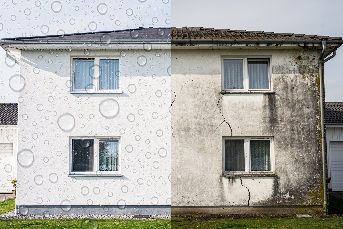 Comparaison de la durée de vie d'un hydrofuge façade entre un mur protégé avec perles d'eau et un mur dégradé sans traitement