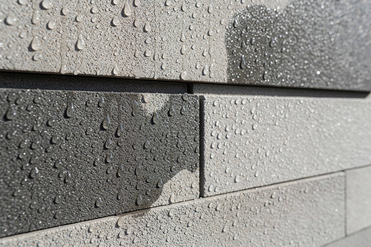 Contrôle visuel d’un hydrofuge facade sur un mur après arrosage léger
