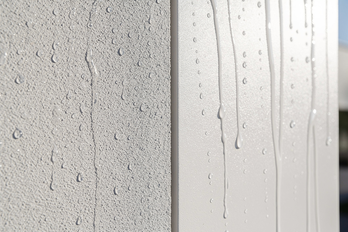 Comparaison de deux finitions d’hydrofuge facade sur un mur extérieur