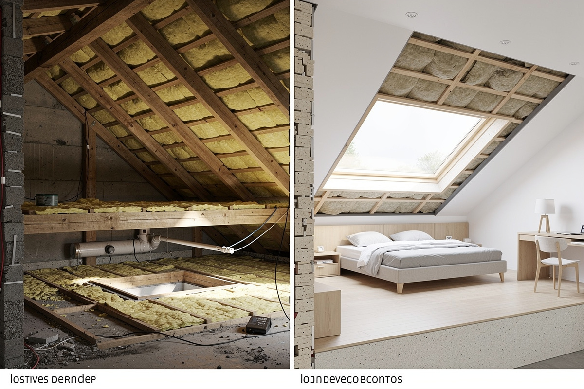 Comparaison visuelle entre combles perdus isolés au plancher et combles aménageables isolés en rampant