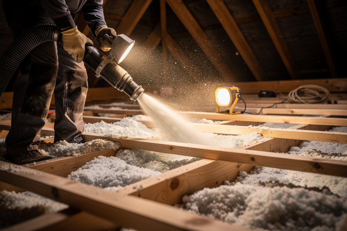 Soufflage de ouate de cellulose en vrac sur le plancher de combles perdus lors d'une rénovation