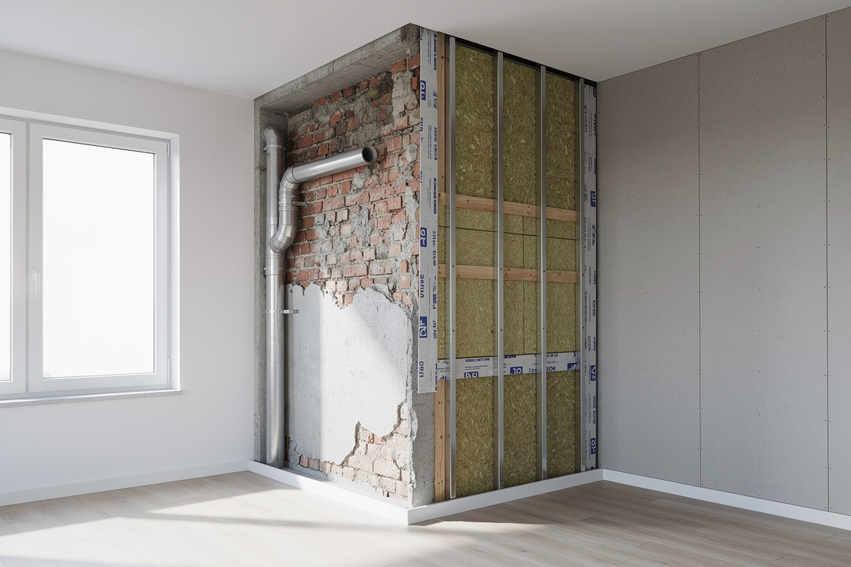 Comparaison de l’isolation murs interieur dans un angle de pièce en rénovation