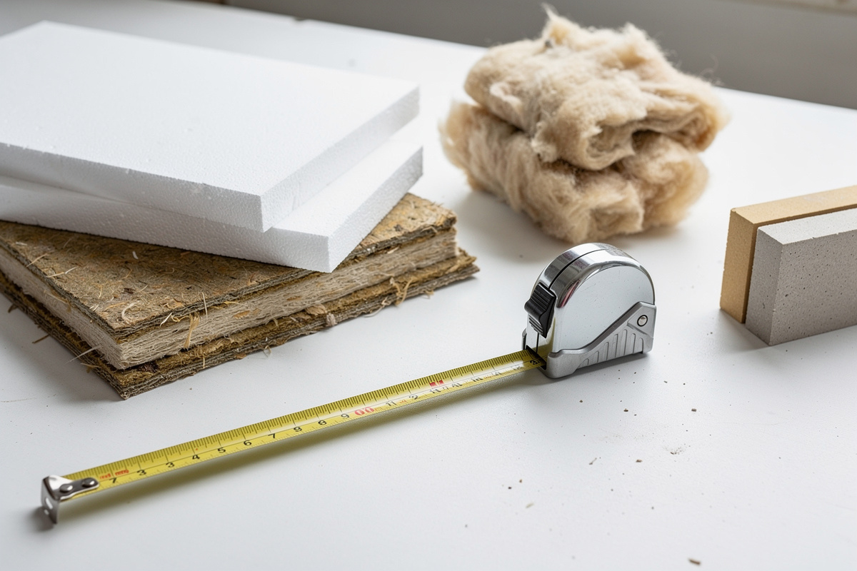 Échantillons de matériaux pour isolation murs interieur avec mètre et repère d’épaisseur