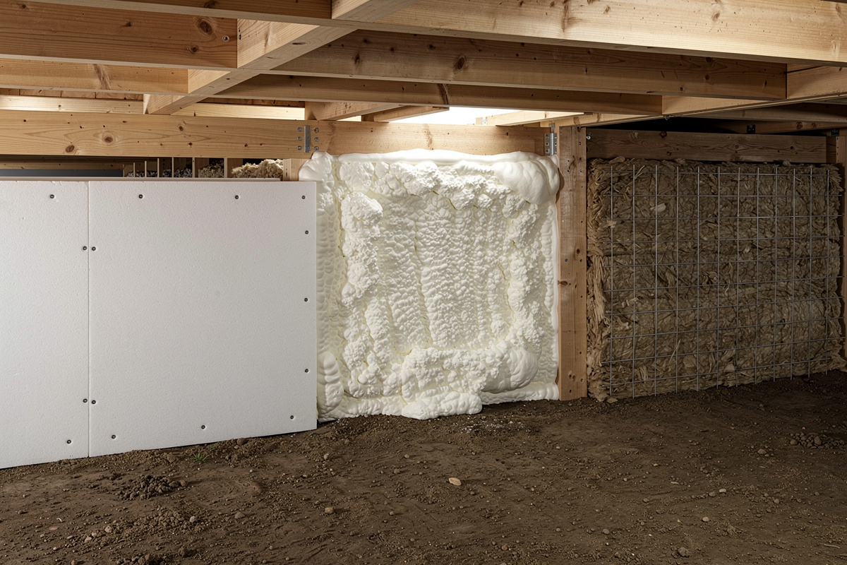 Méthodes d’isolation plancher bas avec panneaux, projection et sous-face dans un vide sanitaire