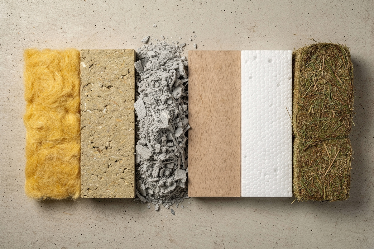 Échantillons de six matériaux isolants côte à côte pour comparer performances et impact environnemental
