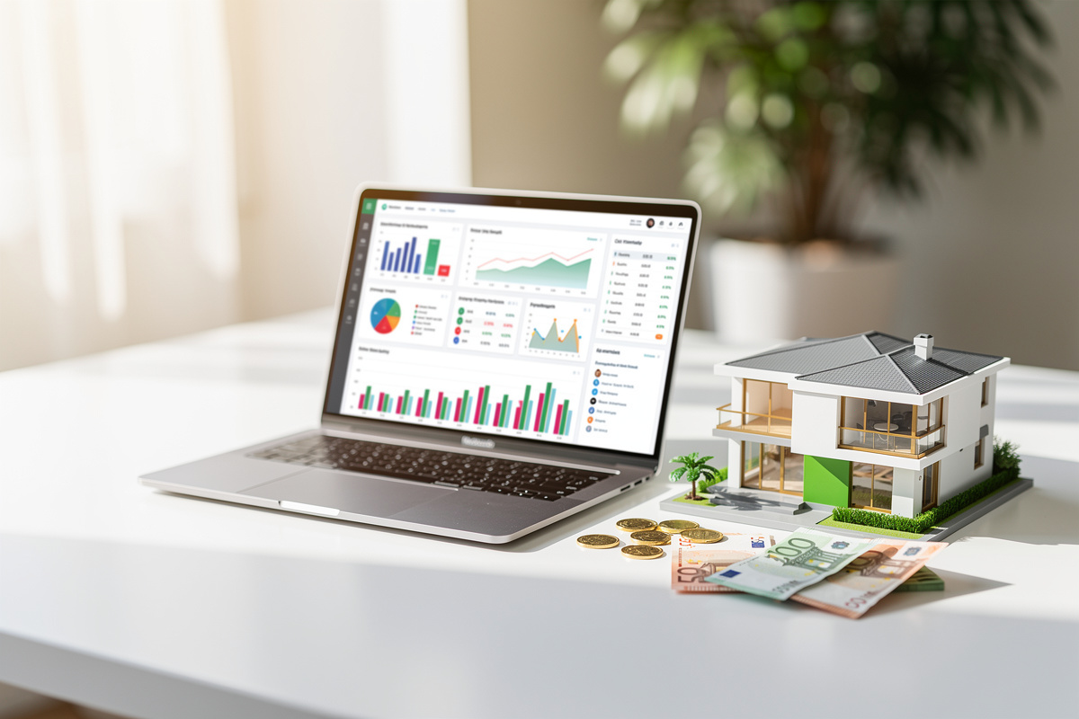 Bureau lumineux avec graphiques financiers et maquette de maison symbolisant les aides au financement de la rénovation énergétique 2026