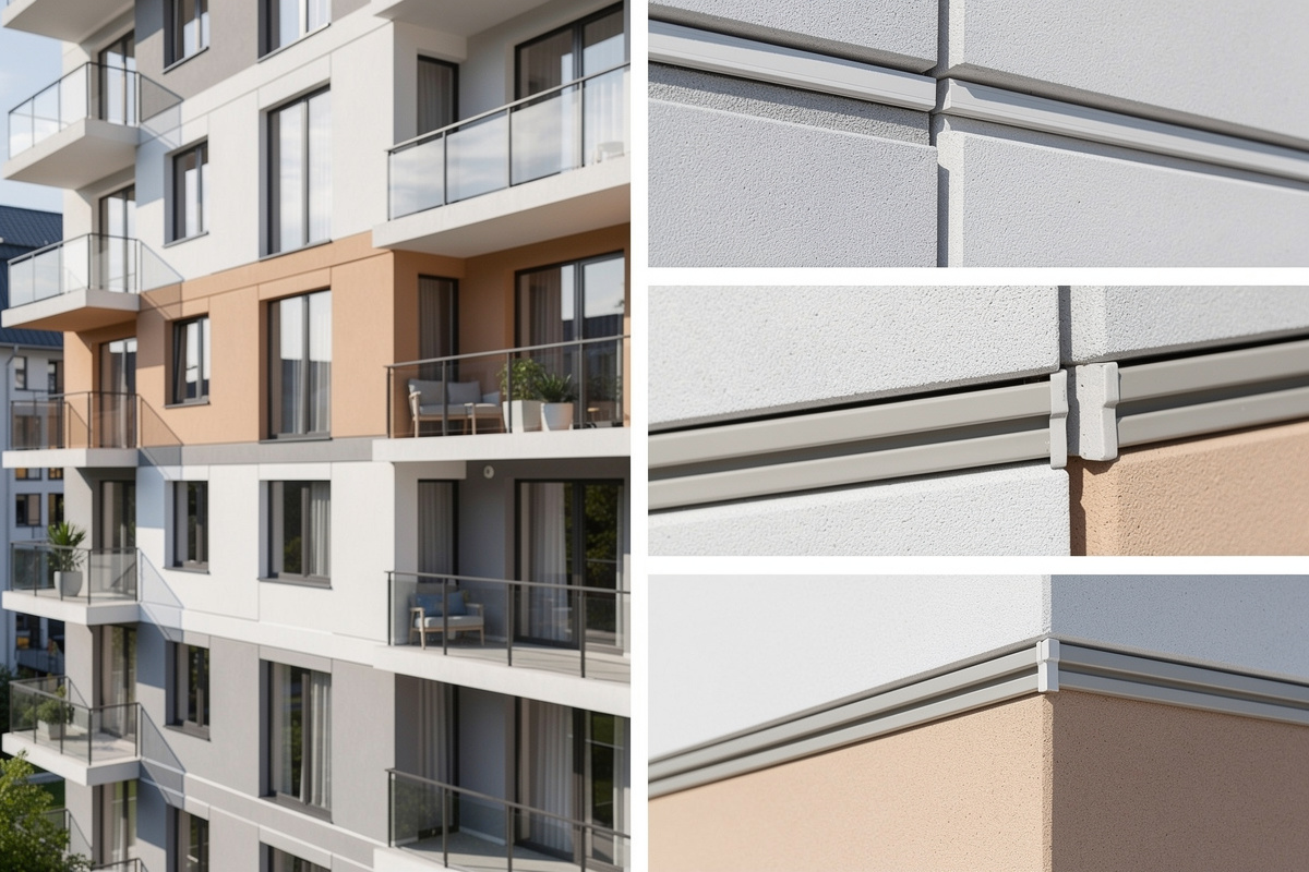 Façade rénovée avec joints dilatation traités et laissés libres selon le cas