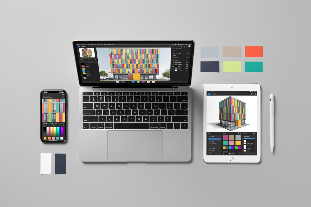 Comparatif d'outils simulation façade sur plusieurs appareils numériques avec palettes de couleurs