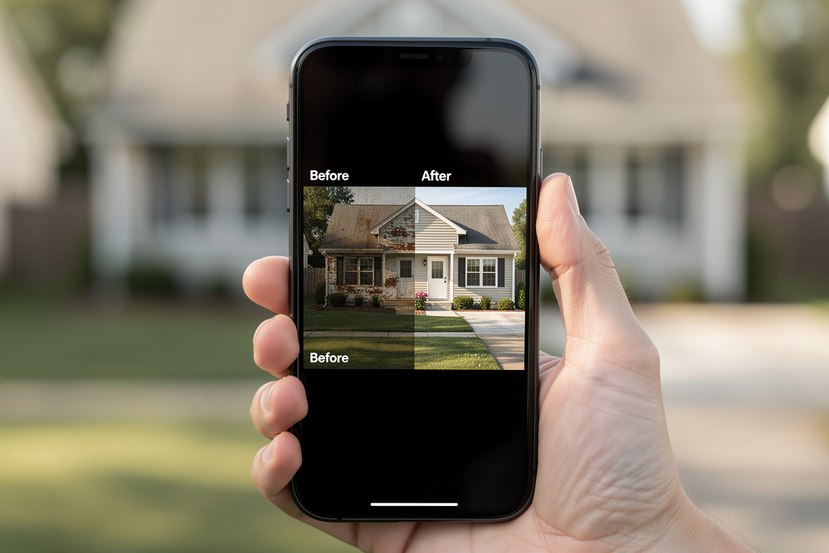 Simulation façade sur smartphone montrant un rendu IA avant-après fiable pour choisir couleurs et matériaux