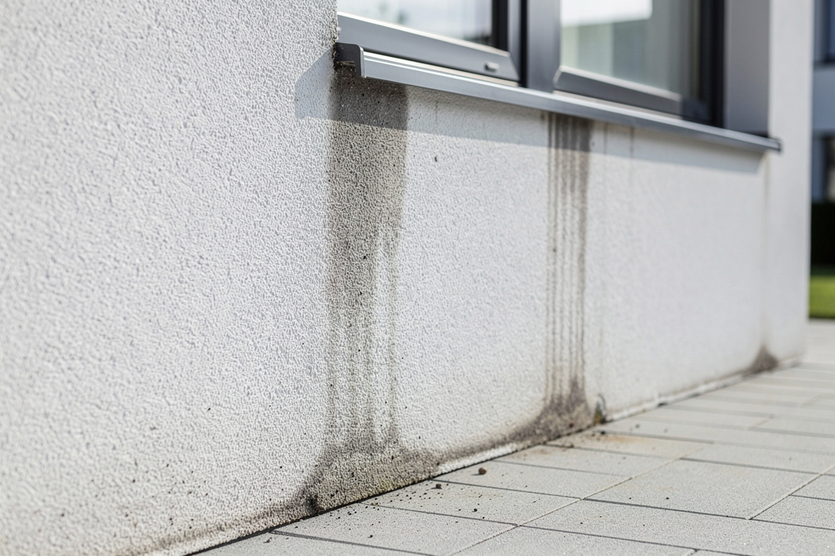 Test visuel de porosite facade avec traces d’humidité sur un mur de maison