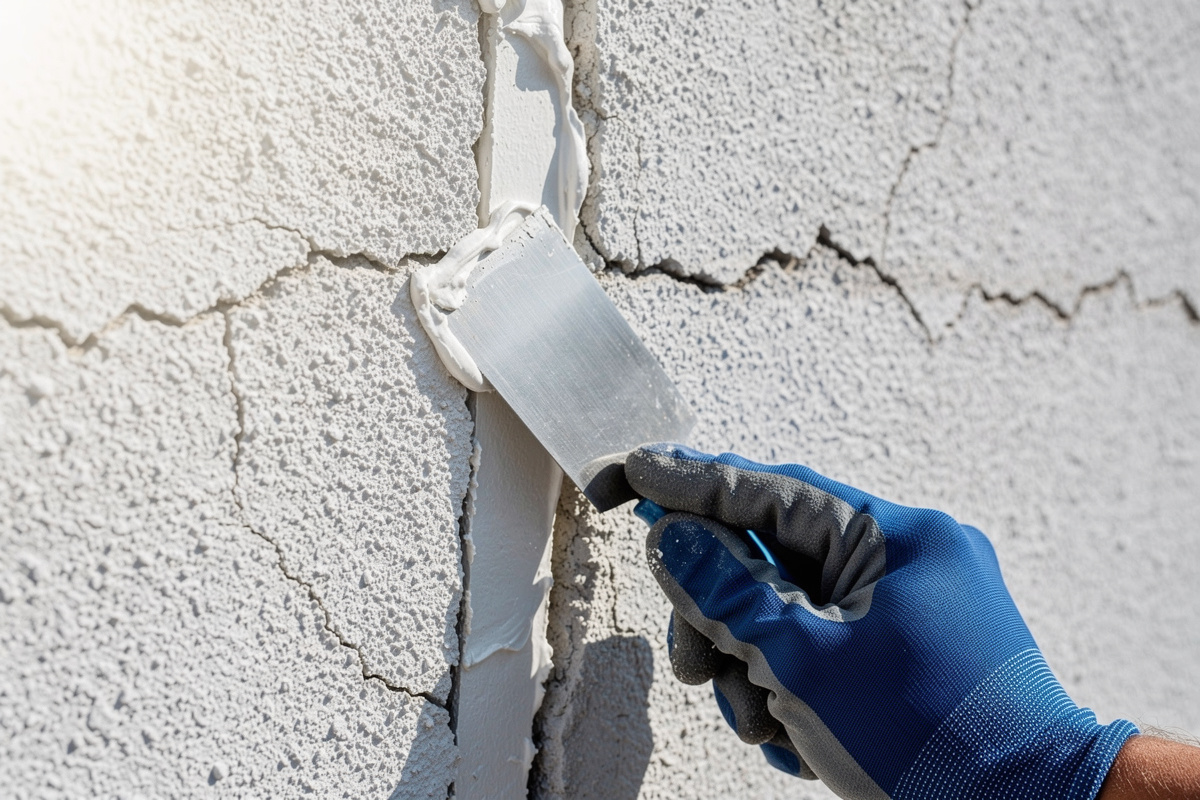 Rebouchage d'une fissure sur façade extérieure avant application d'un traitement hydrofuge