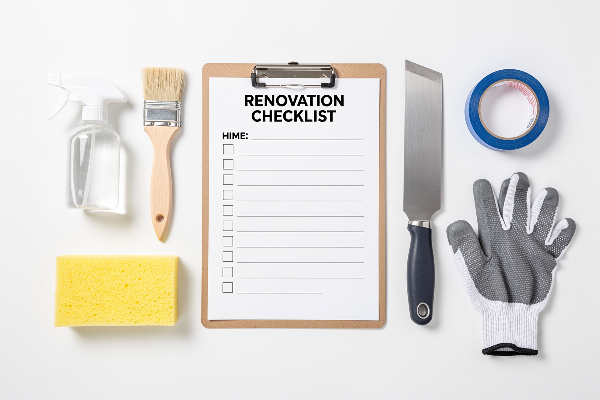 Check-list et outils de préparation façade hydrofuge posés sur une surface blanche avant chantier