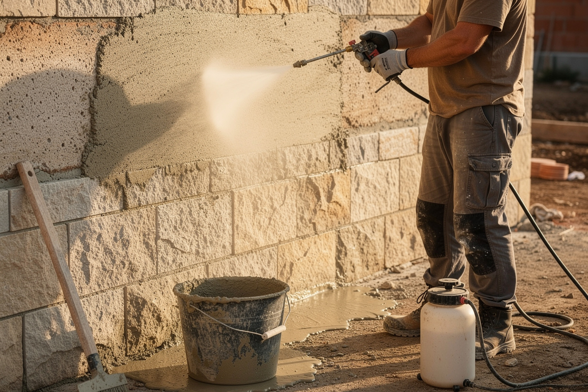 Humidification du support maçonné et application du gobetis d'accrochage avant la pose de l'enduit façade