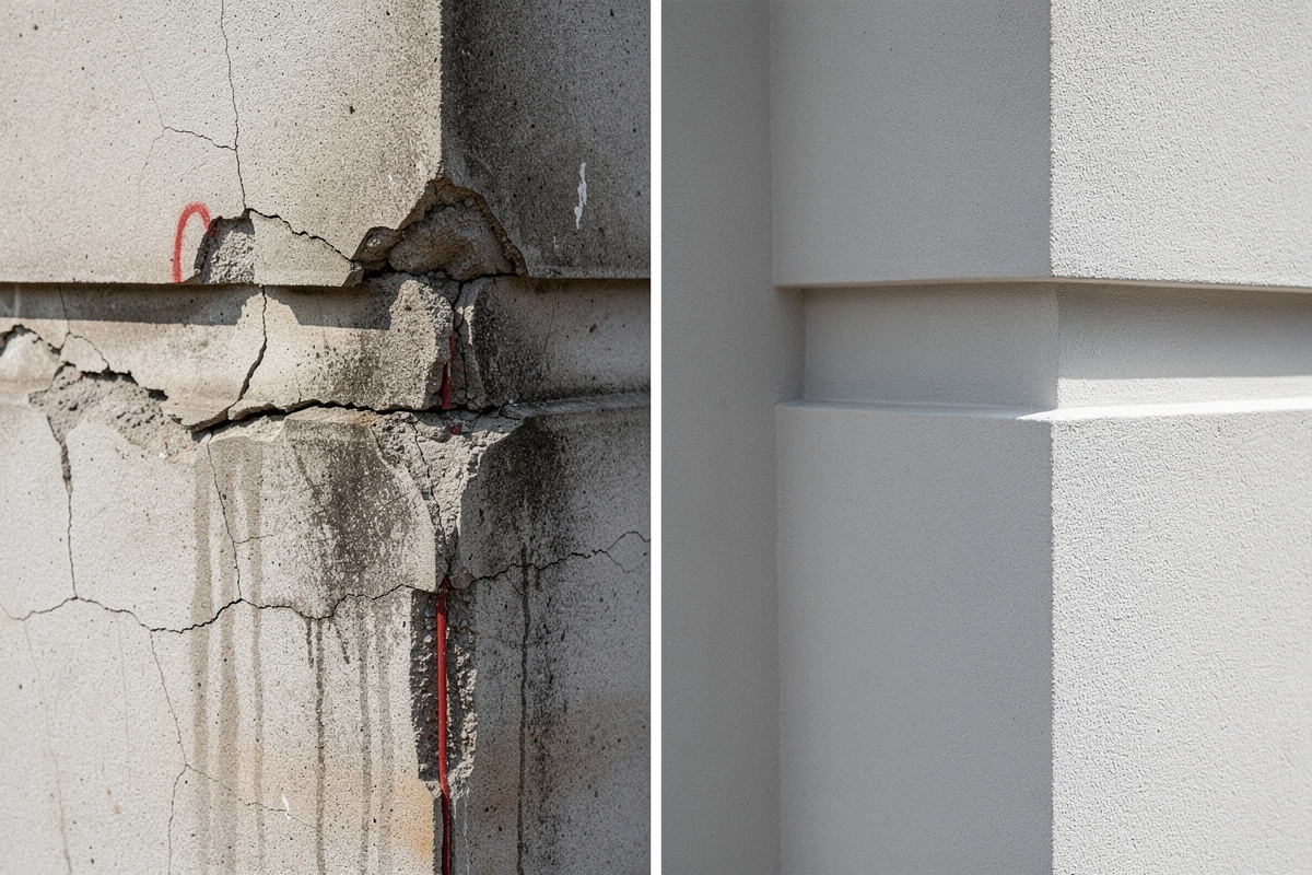 Comparaison entre enduit façade décollé suite à une mauvaise préparation du support et enduit correctement réalisé