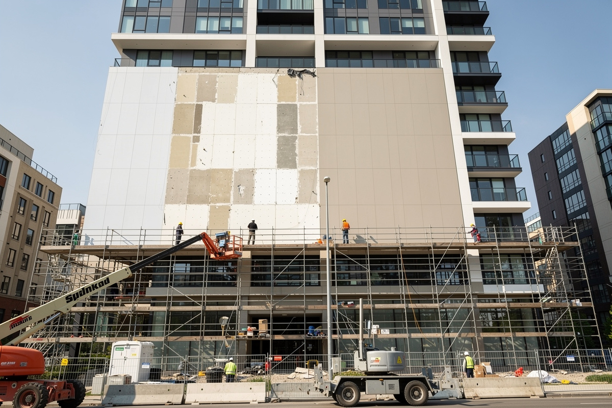Ravalement facade montrant surface, hauteur du bâtiment et accès difficiles sur le chantier