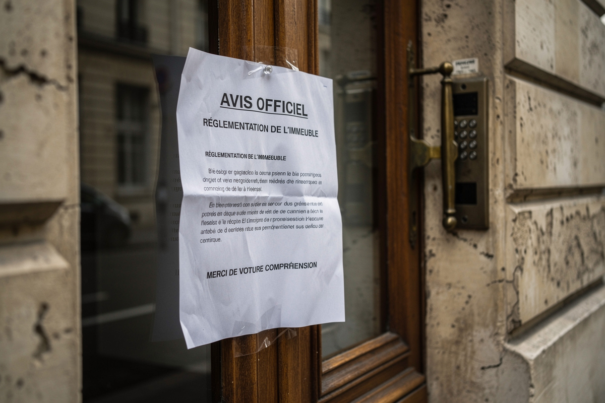 Injonction de ravalement obligatoire affichée sur la porte d'entrée d'un immeuble en copropriété dégradé