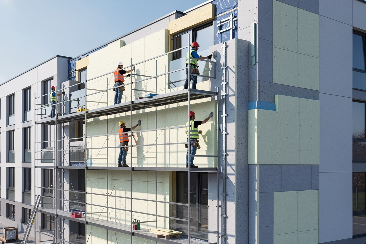 Pose d'une isolation thermique par l'extérieur sur un immeuble en copropriété lors d'un chantier de ravalement de façade