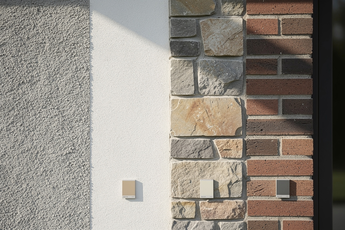 Comparaison des textures pour une simulation peinture facade sur crépi, enduit, pierre et brique.