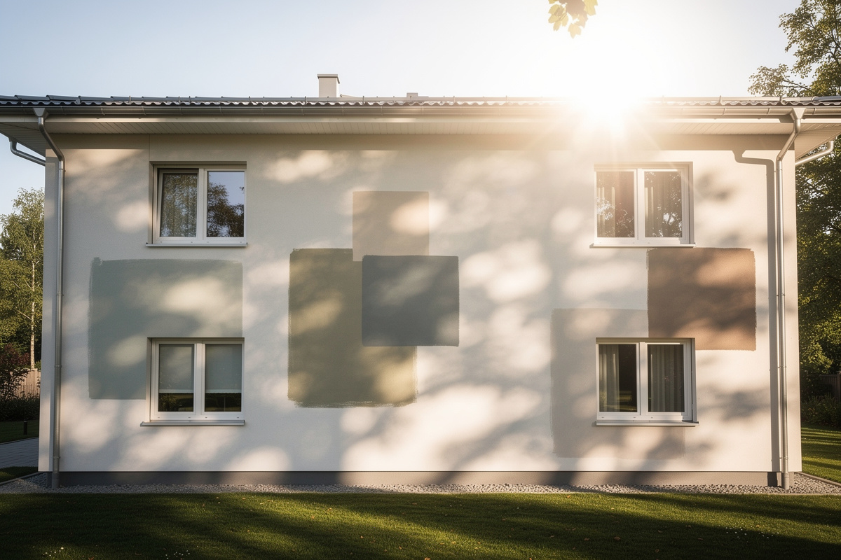 Erreurs de photo qui faussent une simulation peinture facade, avec contre-jour et lumière irrégulière.