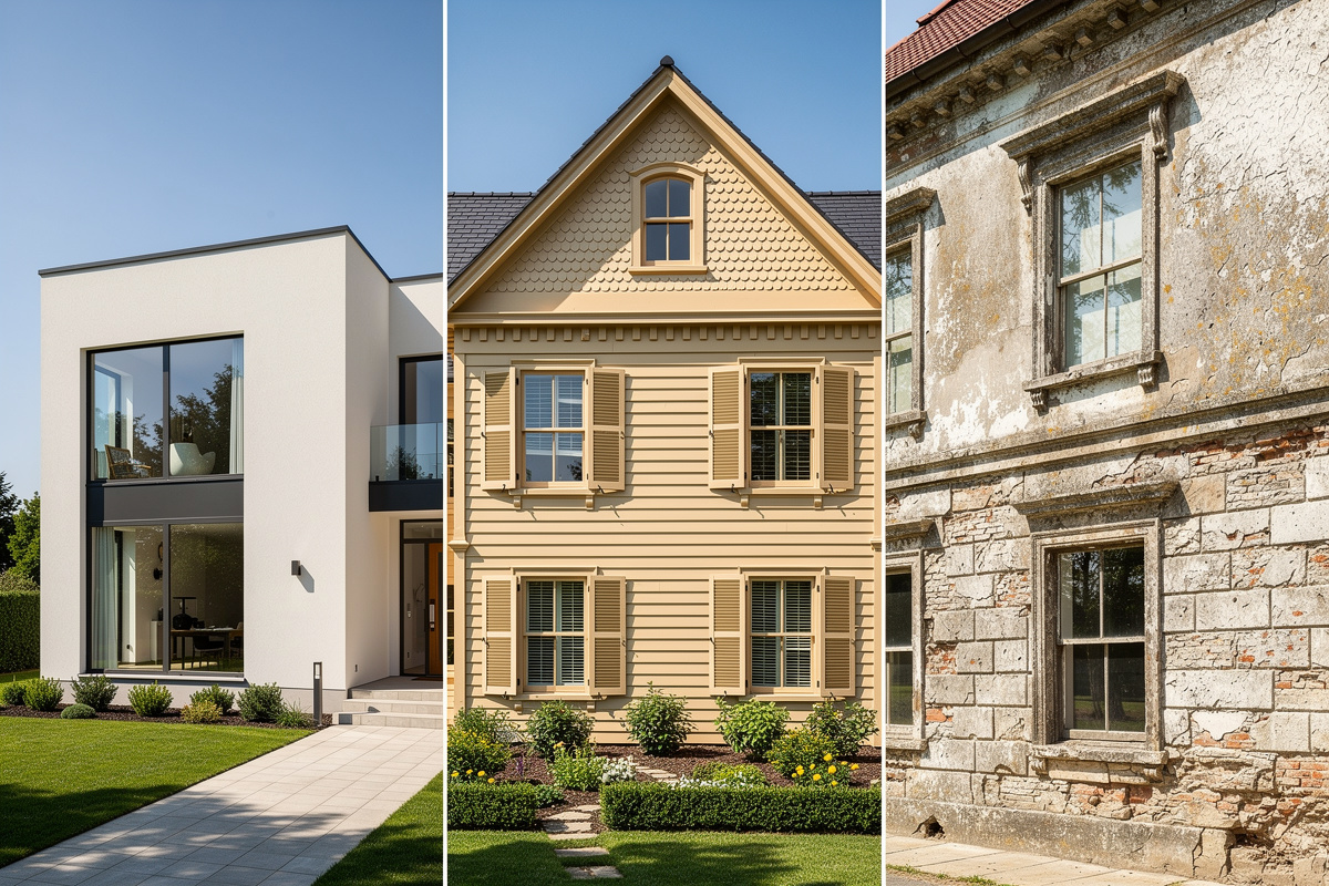 Exemples de simulation peinture facade pour maison moderne, traditionnelle et façade vieillissante.
