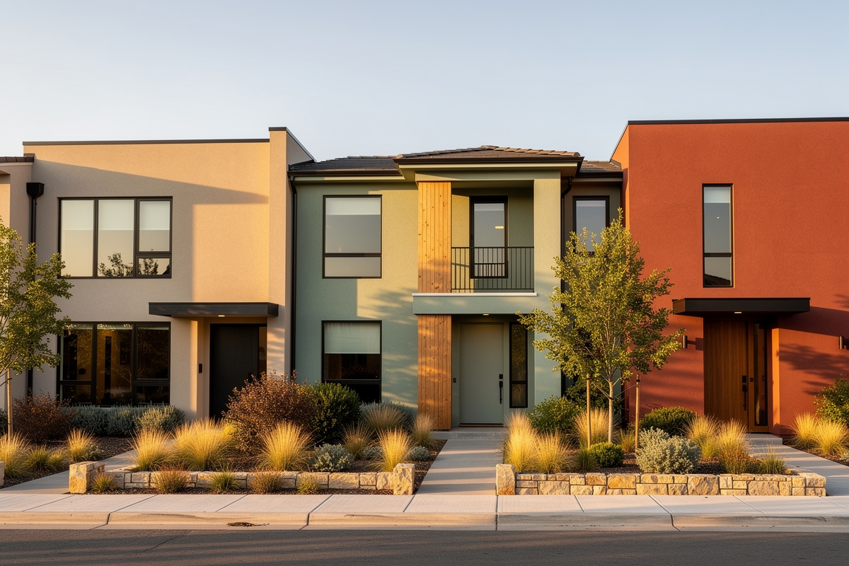 Tendances couleurs façade 2026 avec teintes greige, vert sauge et terre cuite sur maisons modernes