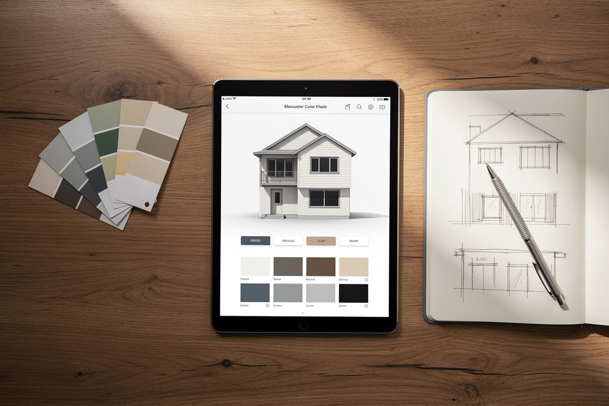 Outils de simulation peinture façade : tablette avec logiciel et échantillons de couleurs physiques