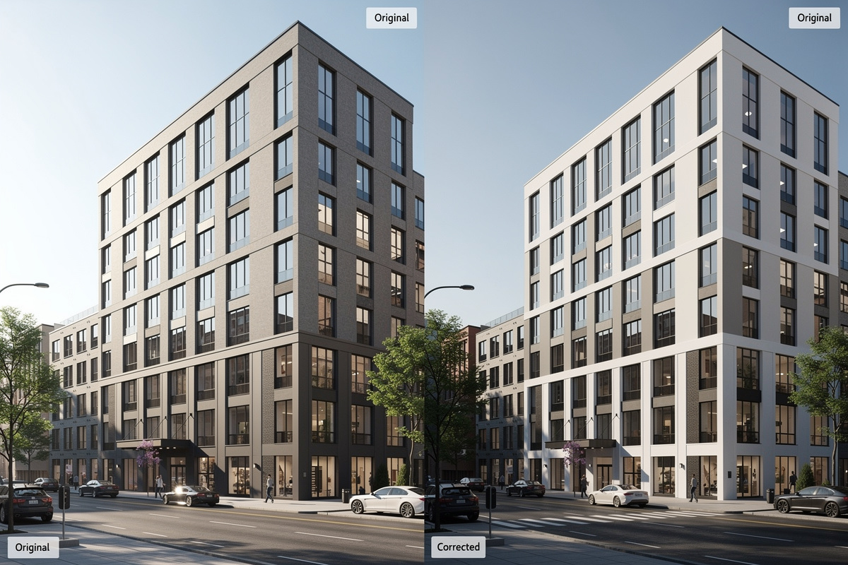 Erreurs de simulation peinture facade montrées sur une façade avec lumière et perspective trompeuses