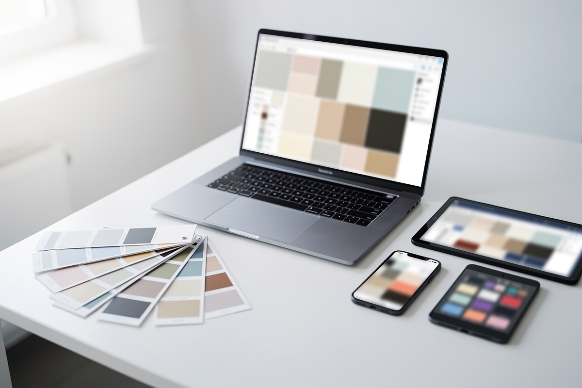Outils de simulation peinture facade avec écran, nuanciers et tablette sur un bureau