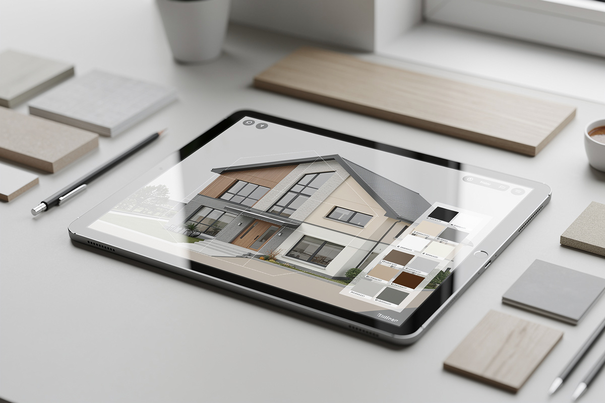 simulation ravalement par IA ou 3D sur tablette devant une façade de maison