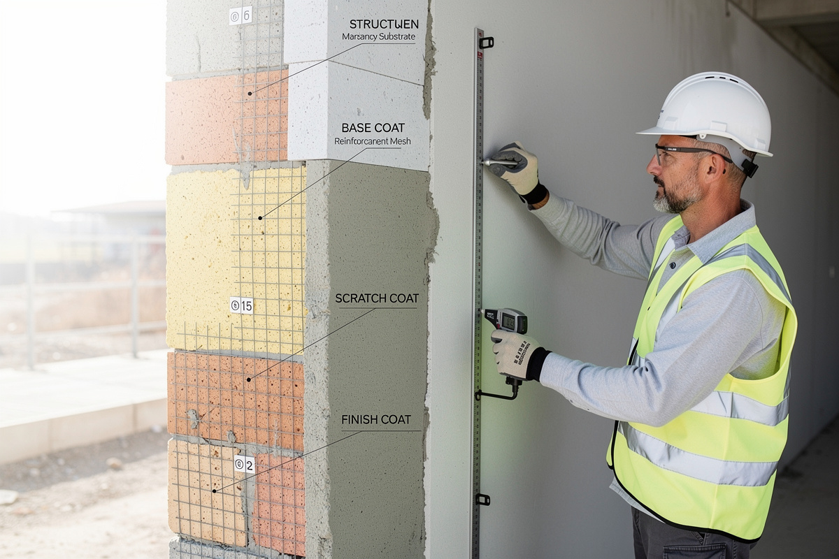 Repères d'épaisseur pour techniques enduit facade sur chantier