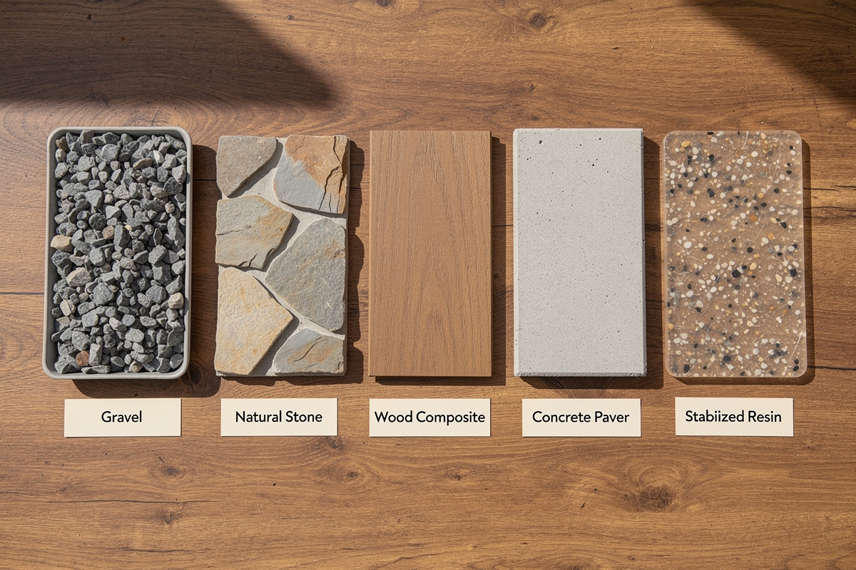 Comparatif de matériaux de revêtement allée jardin posés côte à côte pour aider au choix