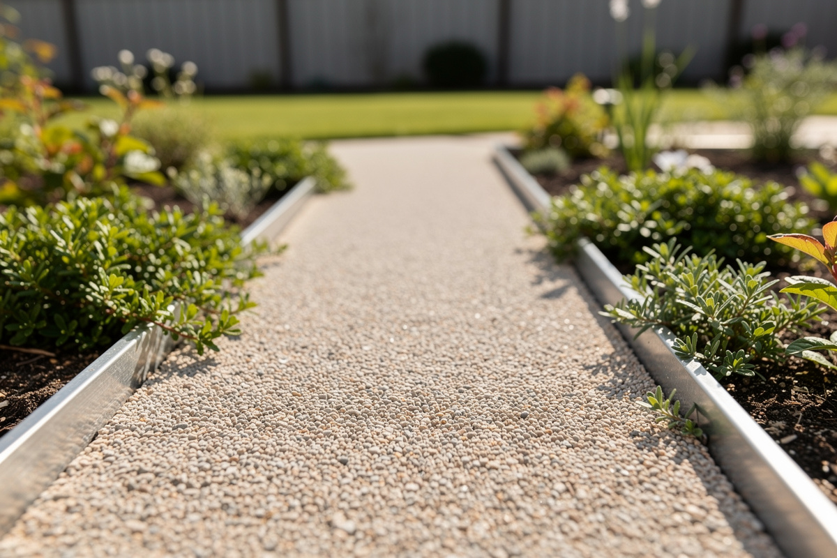 Allée jardin en gravier stabilisé avec bordures métalliques, solution économique et perméable