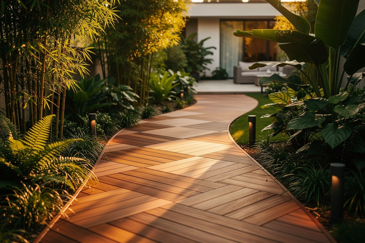 Allée jardin en bois composite au motif chevron entourée de plantes tropicales et bambous