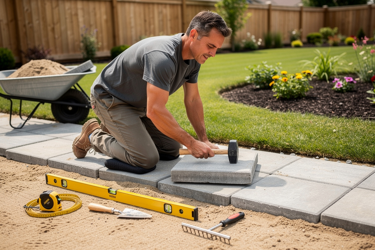 Pose DIY d'une allée jardin en dalles sur lit de sable par un particulier équipé d'outils de jardinage