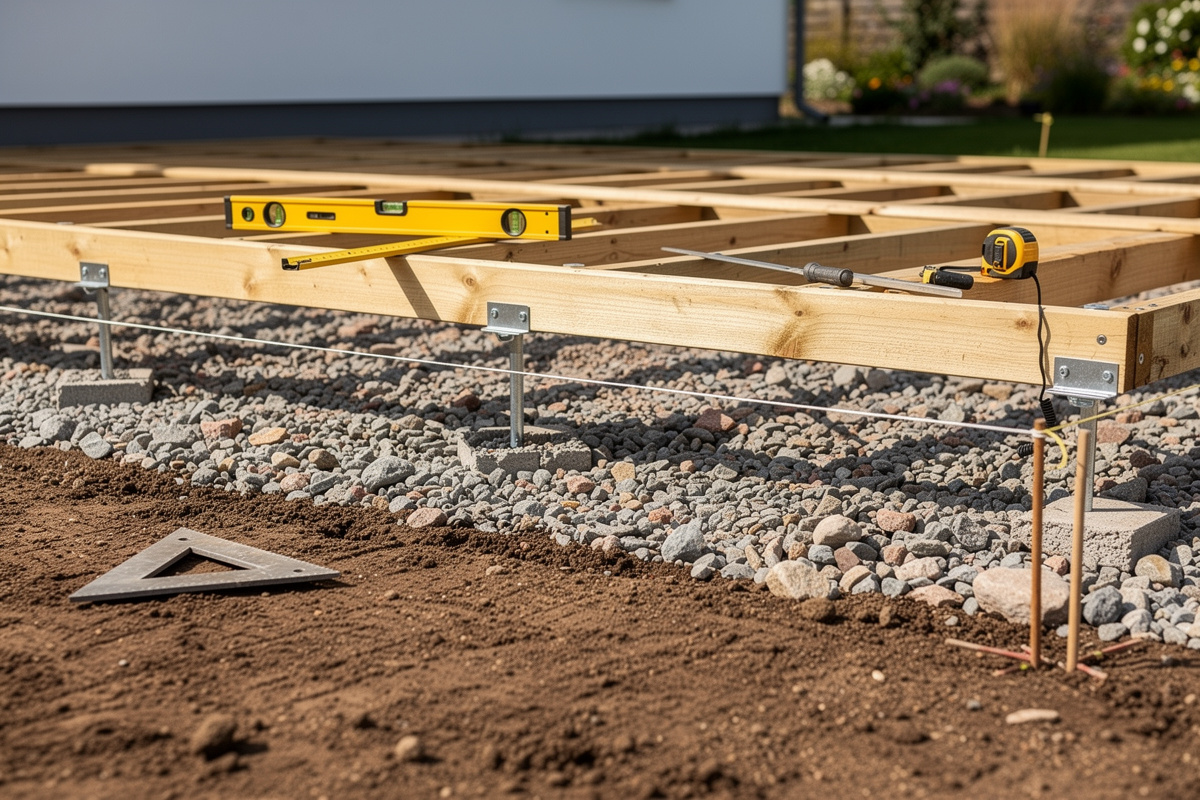 Préparation du sol pour un aménagement extérieur avec base stable et nivellement