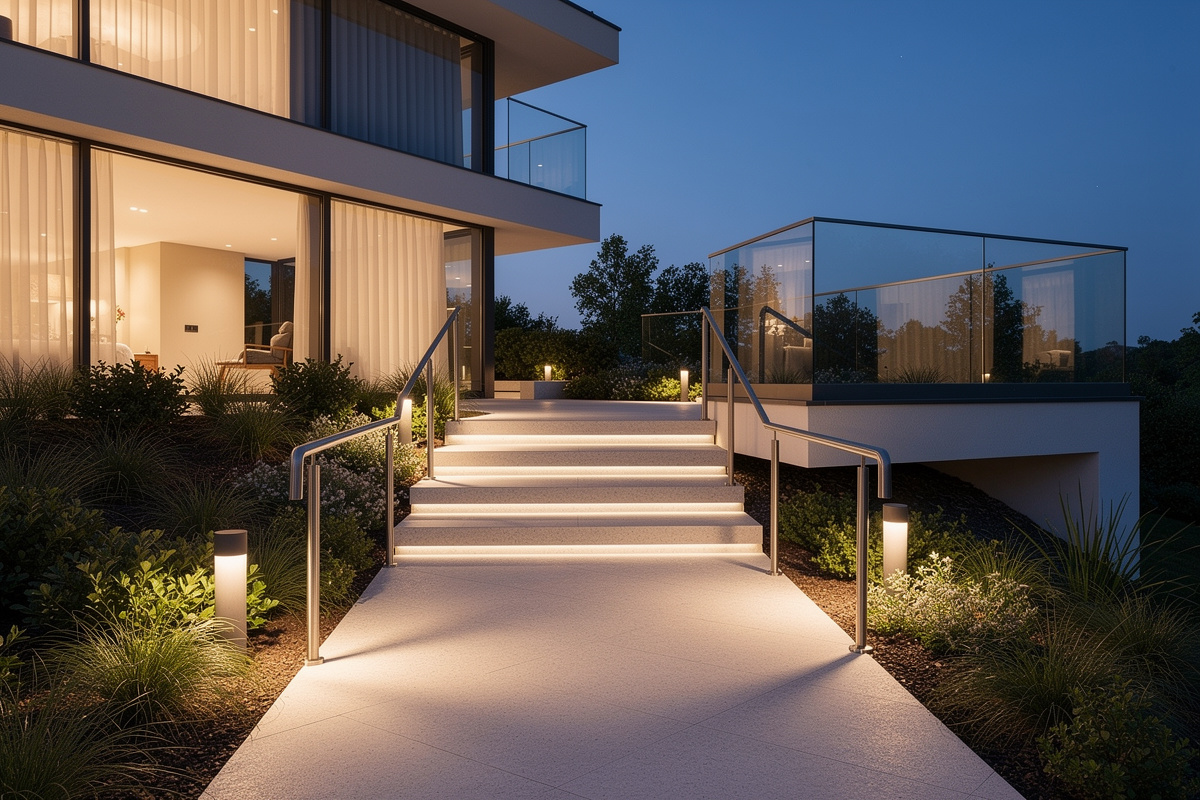 Sécurisation d’un aménagement extérieur avec éclairage, marches et circulation visible